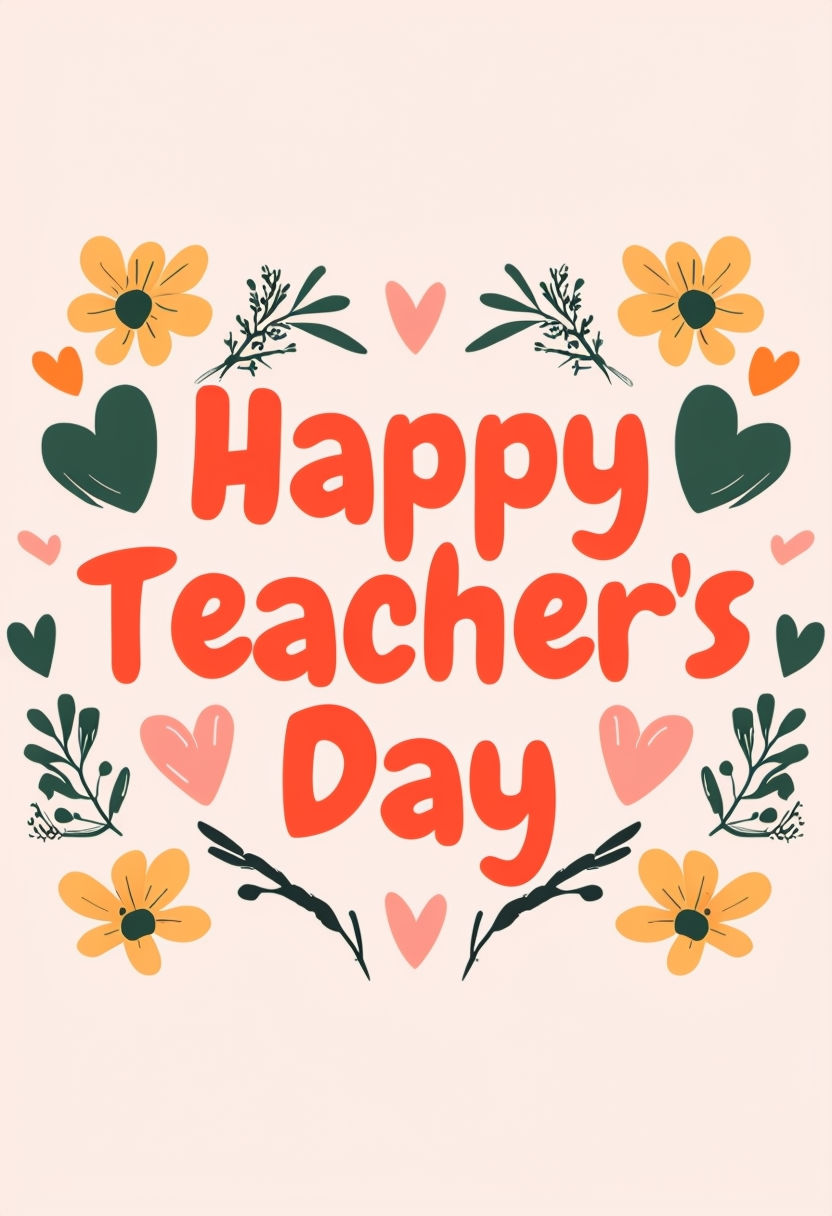 Happy teacher day with hearts and flowers